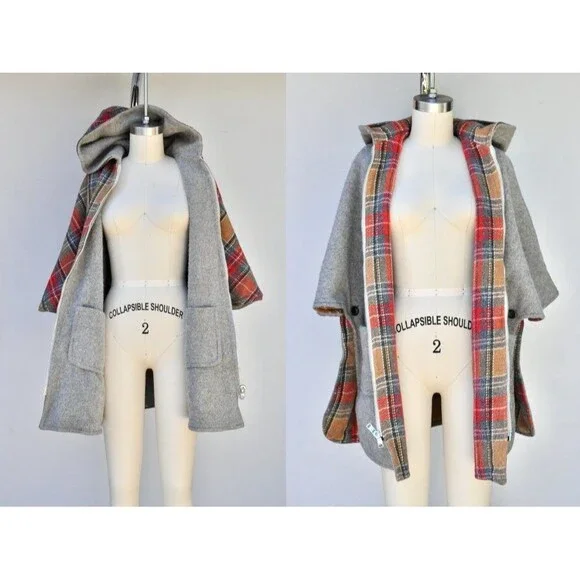 REVERSIBLE Hooded Poncho - Wool Cloak Cape - Woodland - Reversible Cape OS - Picture 7 of 10